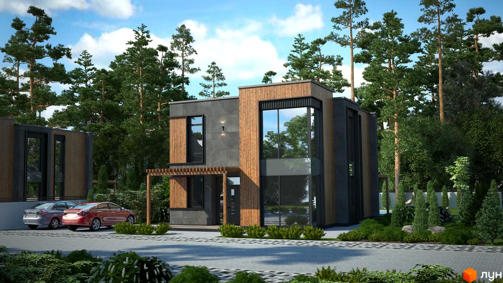 Котеджне містечко KM Bosco Villas: двоповерхові будинки з дерев'яним та сірим фасадом, великими вікнами, розташовані серед соснового лісу з доглянутою прибудинковою територією та автомобілями на подвір'ї.