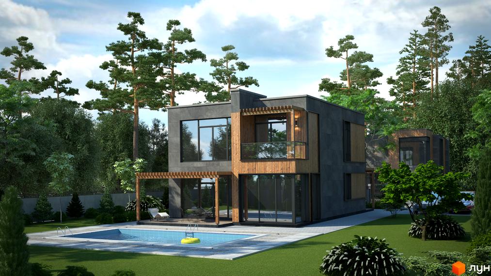 Котеджне містечко KM Bosco Villas з басейном та зеленою зоною. Зовнішній вигляд будинку з великими вікнами та дерев'яними елементами.
