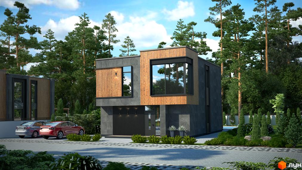 Котеджне містечко KM Bosco Villas: двоповерховий будинок з дерев'яними та сірими фасадами, великими вікнами, поруч з яким розташовані два автомобілі та зелені насадження.