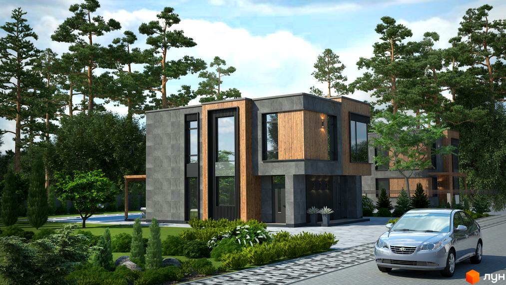 Котеджне містечко KM Bosco Villas з фасадами з сірого каменю та дерева, великими вікнами та доглянутою прибудинковою територією з басейном та зеленню.
