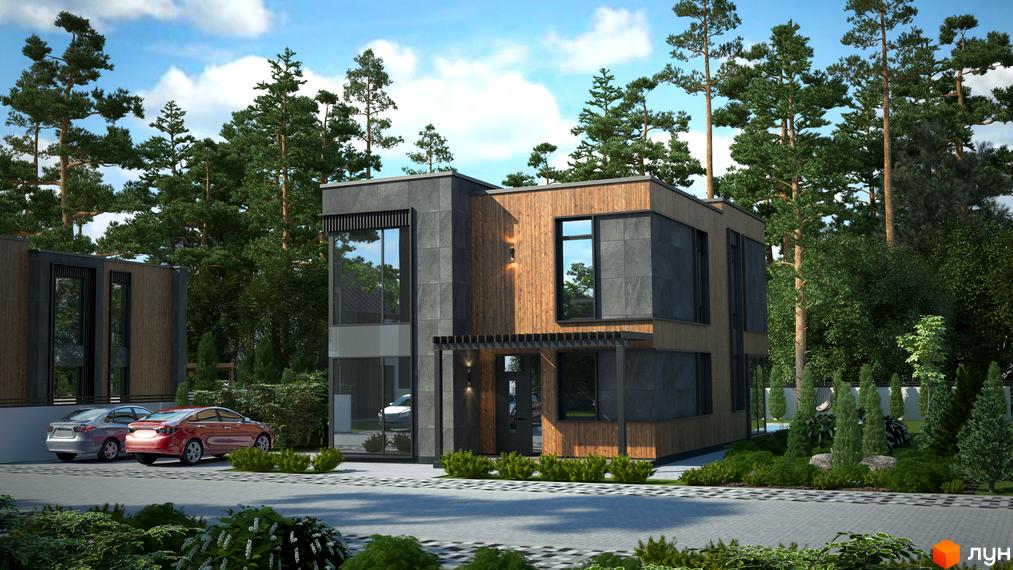 Котеджне містечко KM Bosco Villas: двоповерховий будинок з дерев'яним та сірим фасадом, великими вікнами, розташований серед сосен. Прибудинкова територія з доглянутими кущами та доріжками.