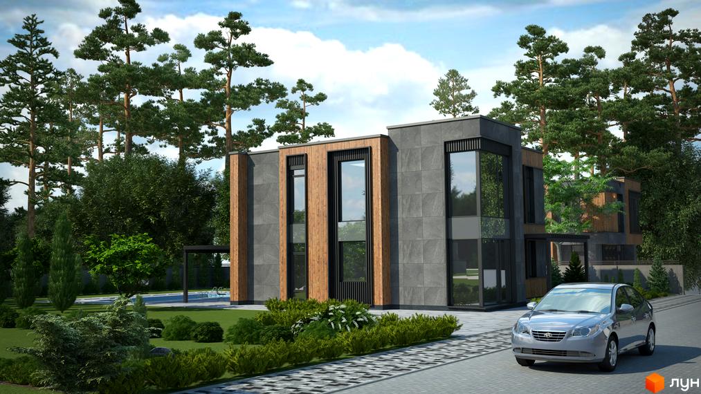 Котеджне містечко KM Bosco Villas: двоповерховий будинок з великими вікнами та дерев'яними елементами на тлі зелених дерев та басейну.