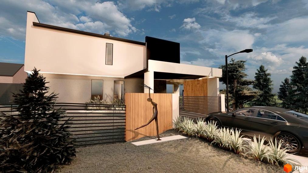 Котеджне містечко Lake House Sokilnyky: двоповерховий будинок з великими вікнами, огородженою територією з деревами та автомобілем біля входу.