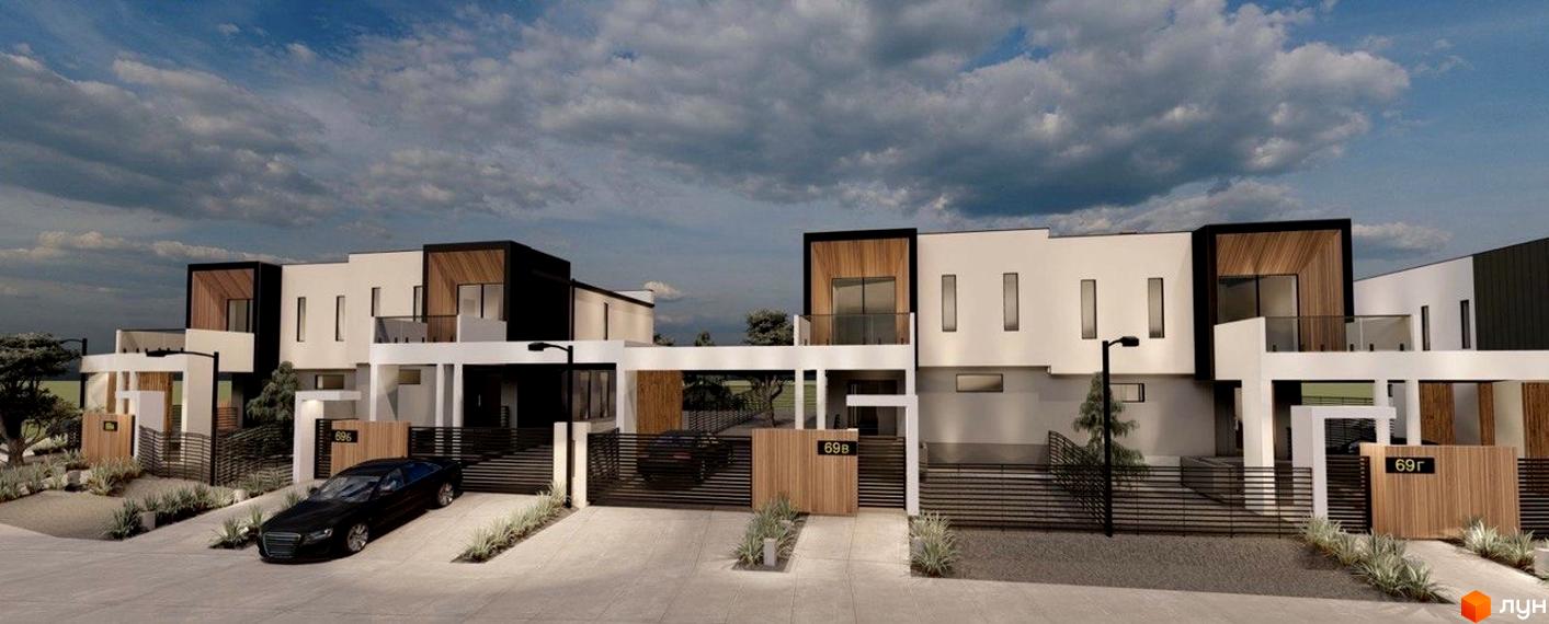 Котеджне містечко Lake House Sokilnyky: фасад будинку з дерев'яними елементами та панорамними вікнами, прибудинкова територія з парканом та ландшафтним дизайном.