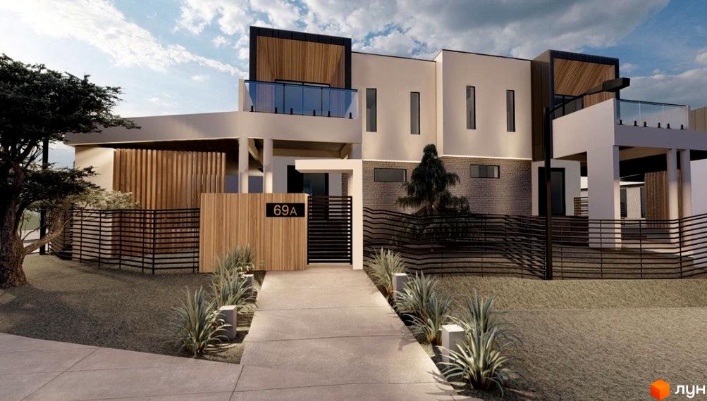 Котеджне містечко Lake House Sokilnyky: двоповерховий будинок з дерев'яними елементами та скляним балконом, огороджена територія з доглянутим газоном та рослинами.