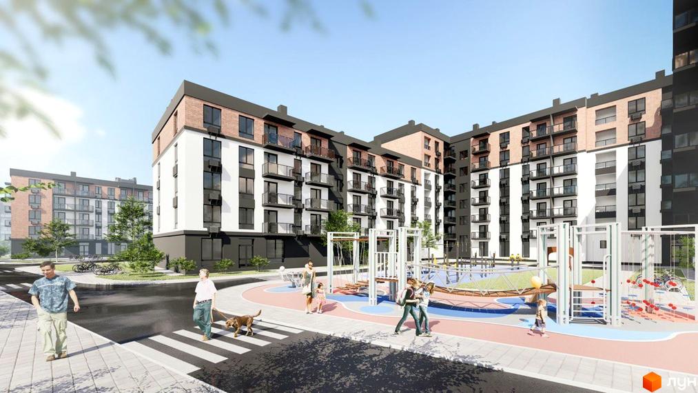 Житловий комплекс Burgundia 3 з сучасним дизайном фасаду. На прибудинковій території облаштовано дитячий майданчик та зони відпочинку для мешканців.