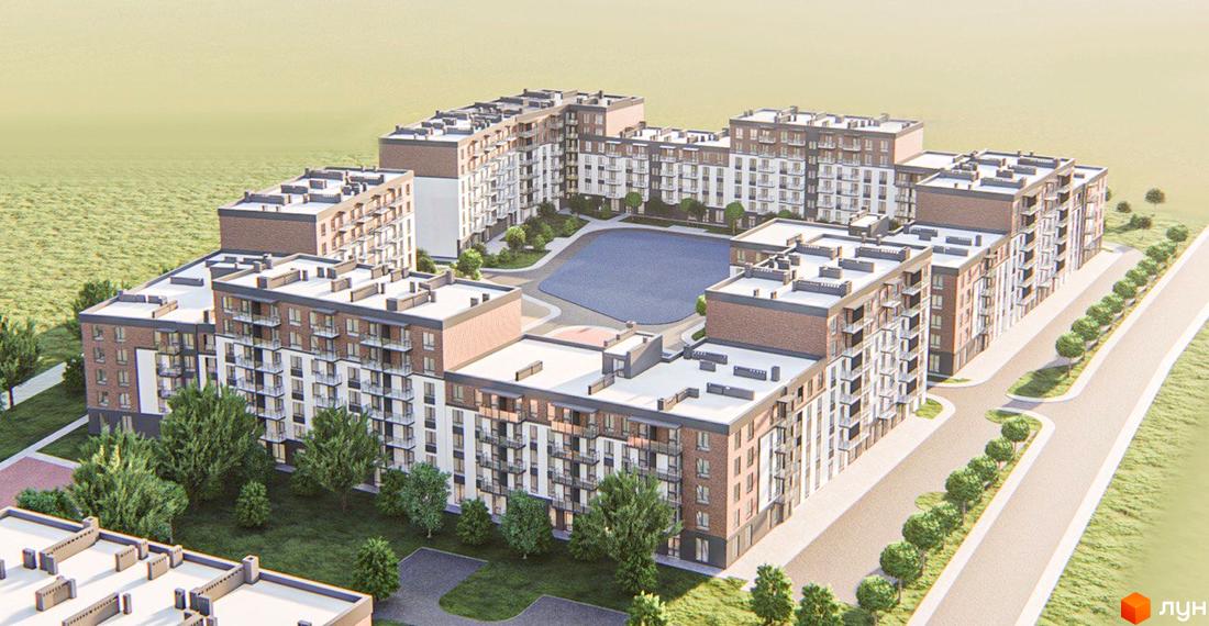 Зображення ЖК Burgundia 3. Багатоквартирний будинок з цегляним фасадом та балконами. На території комплексу є зелені насадження та парковка.