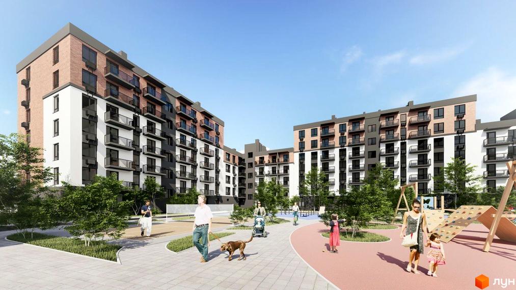 Житловий комплекс Burgundia 3 з сучасними будинками та благоустроєною прибудинковою територією: дитячий майданчик, зони відпочинку.