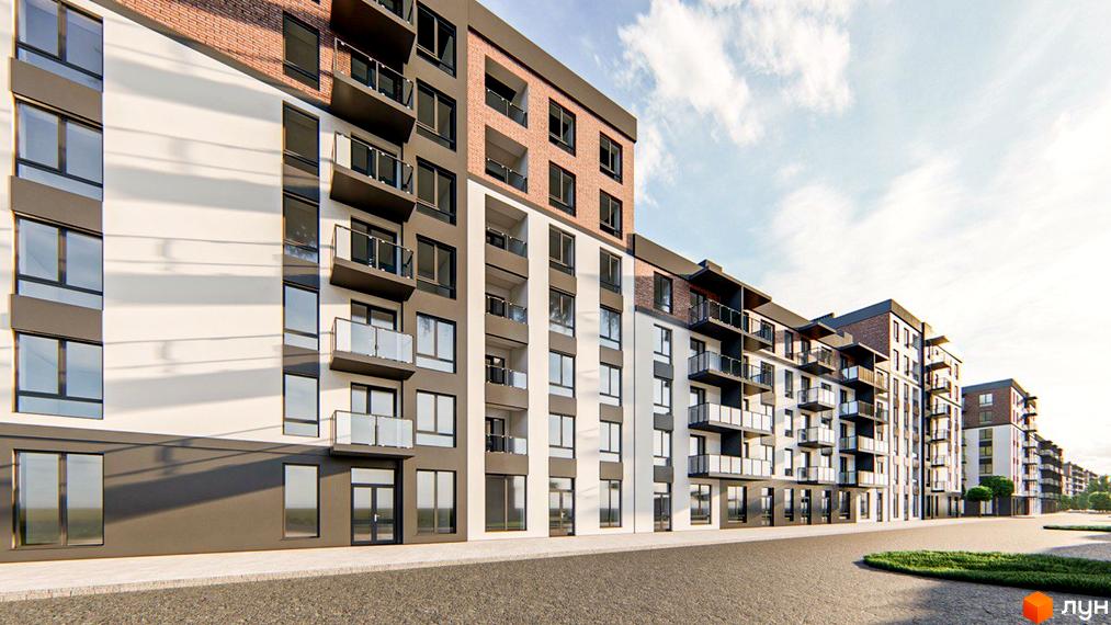 Зображення фасаду ЖК Burgundia 3 з балконами, вікнами та вхідними групами. На передньому плані асфальтована дорога та тротуар.