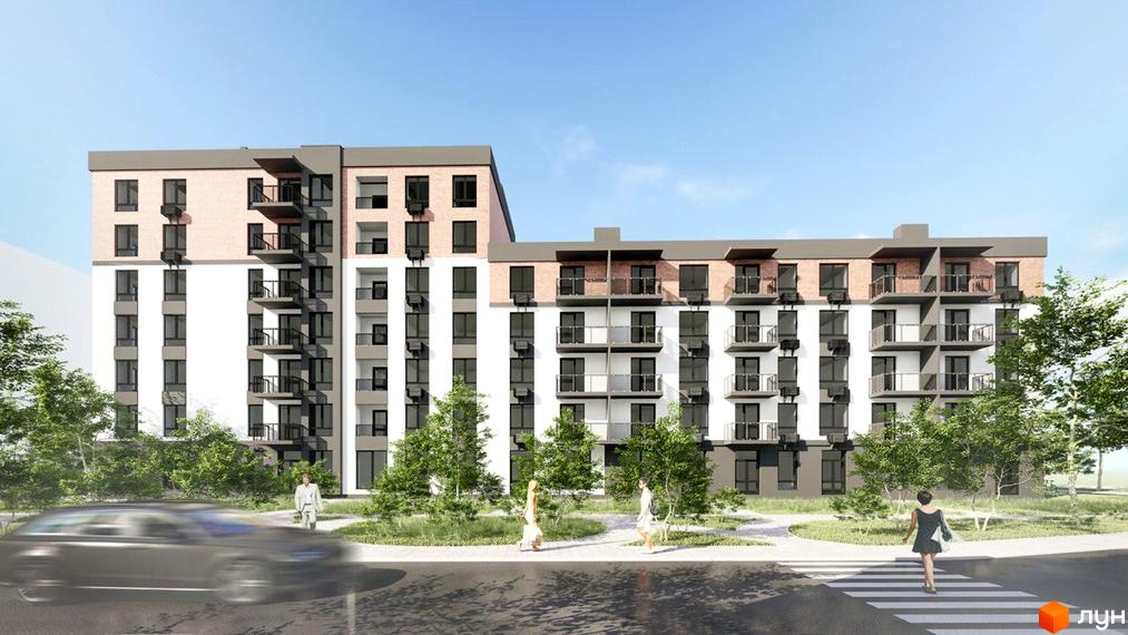 Зображення ЖК Burgundia 3: багатоповерховий будинок з білими та цегляними фасадами, балконами та зеленими насадженнями на прибудинковій території.