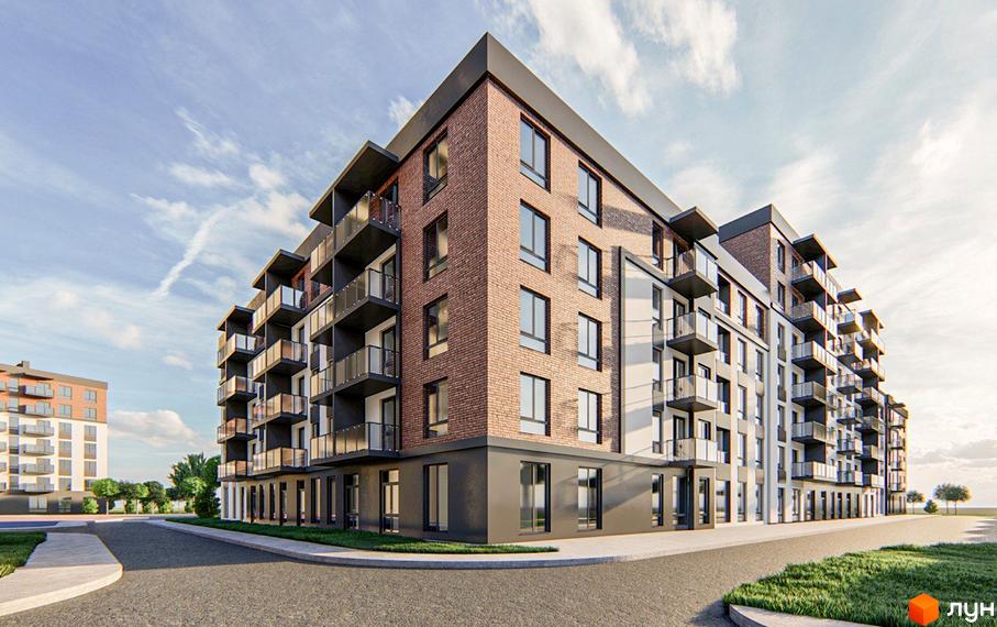 Багатоповерховий будинок ЖК Burgundia 3 з балконами та панорамними вікнами, поруч асфальтована дорога та зелена зона.