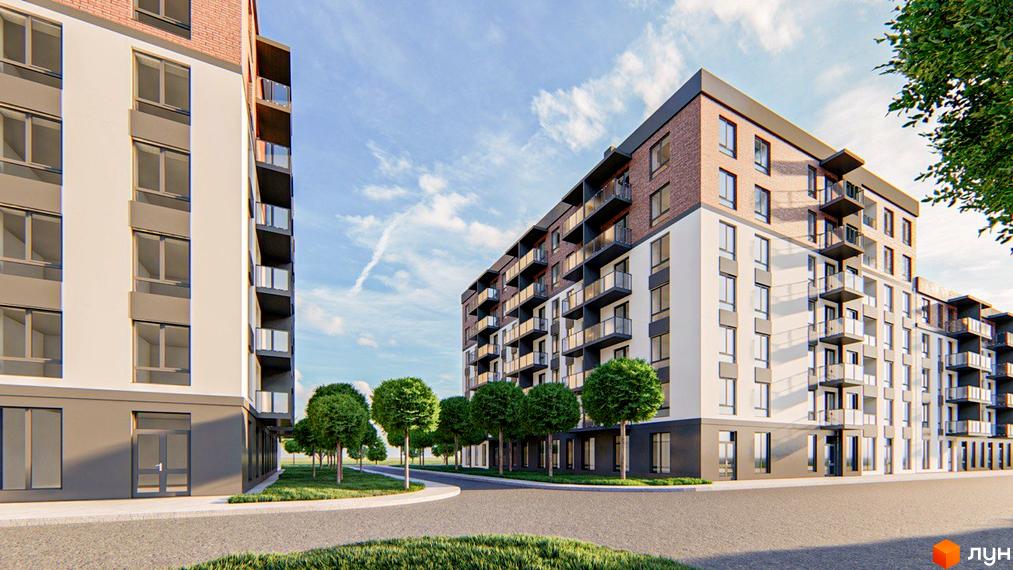 Зображення житлового комплексу Burgundia 3 з білими та цегляними фасадами, балконами та озелененою прибудинковою територією з деревами.