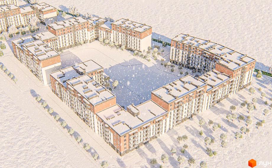 Зимовий вигляд ЖК Burgundia 3. Житловий комплекс з багатоповерховими будинками, вкритими снігом, розташований на засніженій території з деревами.