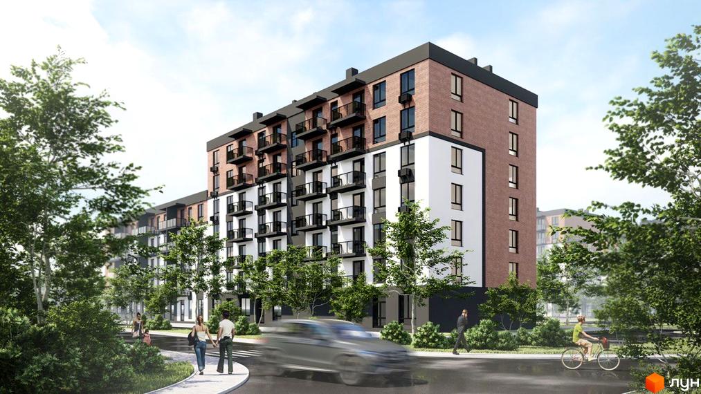 Багатоповерховий будинок ЖК Burgundia 3 з балконами, облицьований цеглою та білою плиткою. На прибудинковій території є дерева, тротуар та проїжджа частина.