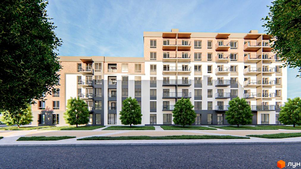 Багатоповерховий будинок Житловий комплекс Burgundia 3 з балконами та великими вікнами. Перед будинком зелені дерева та доглянута прибудинкова територія.