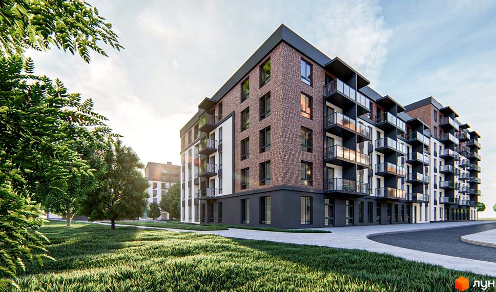 Житловий комплекс Burgundia 3 з цегляними фасадами та скляними балконами. На передньому плані зелена трава та дерева, що створюють затишну атмосферу.