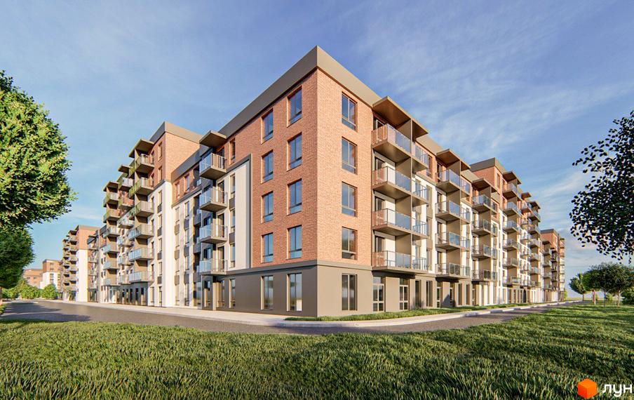 Багатоповерховий будинок з цегляними фасадами та скляними балконами. Поруч зелена трава та асфальтована дорога. ЖК Burgundia 3.