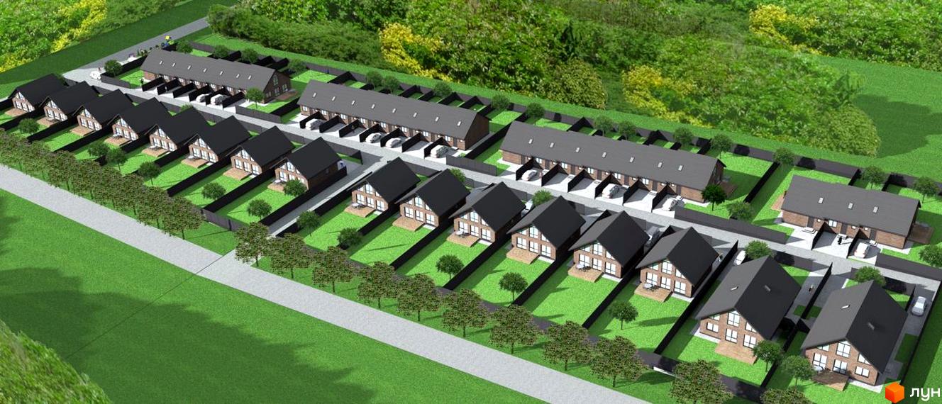 Зображення житлового комплексу. На фото ряд будинків з темними дахами та світлими фасадами. Перед будинками газон, дерева та доріжка.