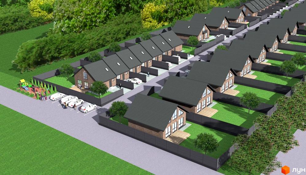 Котеджне містечко КМ Зелена Баварія: сучасні будинки з сірими дахами та прибудинковою територією з газоном і дитячим майданчиком.