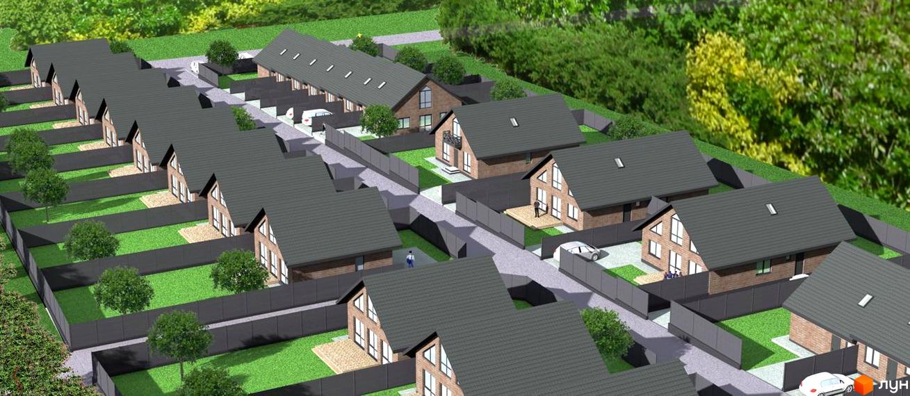 Котеджне містечко Зелена Баварія: сучасні цегляні будинки з сірими дахами та доглянутими зеленими подвір'ями, огородженими парканом. На території видно доріжки та дерева.