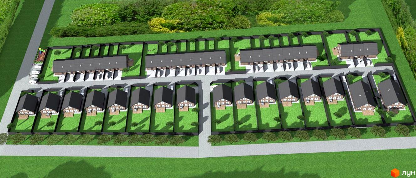 Зображення сторінки житлового комплексу КМ Зелена Баварія. На зображенні видно котеджі з темними дахами та доглянутою прибудинковою територією.