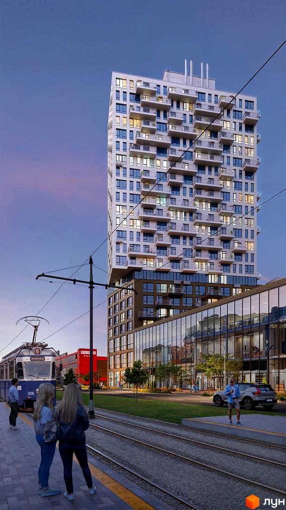 Новобудова ЖК The TENTH House з численними балконами та панорамними вікнами, поруч трамвайні колії та зелена зона.