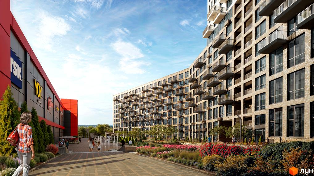 Зовнішній вигляд житлового комплексу The TENTH House з фасадом з цегли та численними балконами. Поруч розташована прибудинкова територія з квітами та фонтанами.