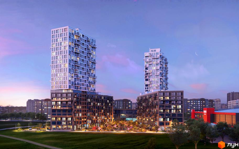 Житловий комплекс The TENTH House з високими білими та сірими вежами, що виходять на зелену зону з деревами та освітленими алеями.