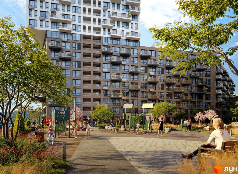 Будівельний проєкт The TENTH House з цегляним фасадом та балконами, дитячим майданчиком та зонами відпочинку.