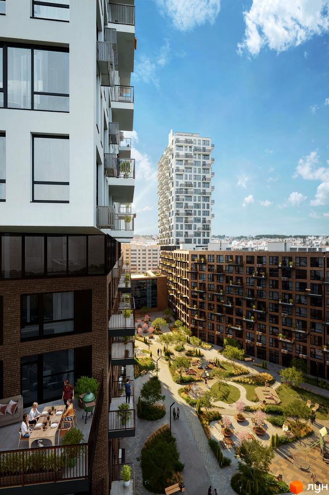 Новобудова ЖК The TENTH House з балконами та вікнами, що виходять на зелену прибудинкову територію з дитячим майданчиком та зонами відпочинку.