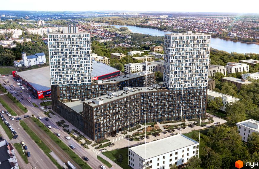 Новобудова ЖК The TENTH House з білою та коричневою обшивкою, балконами та прибудинковою територією з деревами та парковкою.