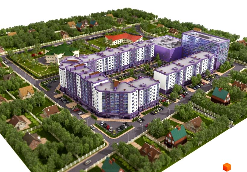 Житловий комплекс Аметист: багатоповерхові будинки з фіолетовими та білими фасадами, оточені зеленню та приватними будинками.