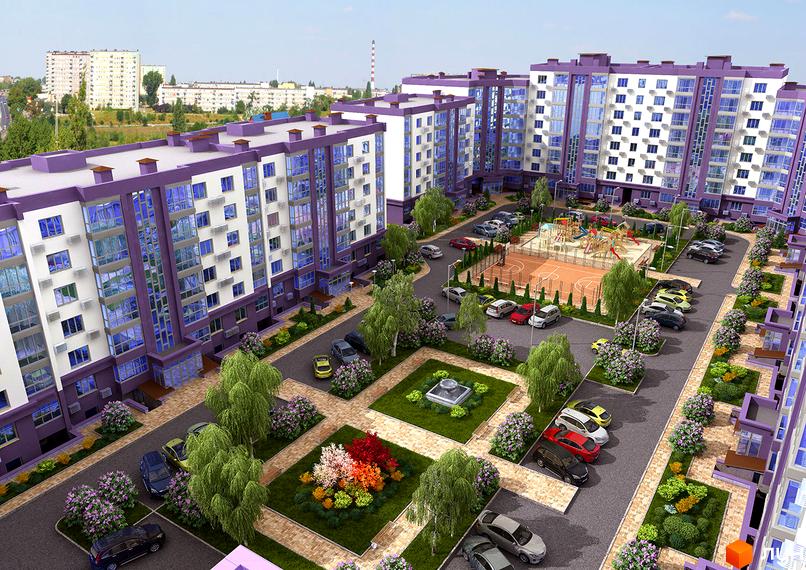 Житловий комплекс Аметист: багатоповерхові будинки з фіолетовими елементами та великими вікнами. На території розташовані дитячий майданчик, спортивні зони та зелені зони з квітами.