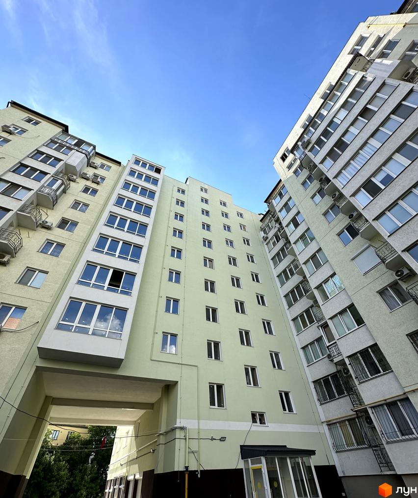 Житловий комплекс Потьомкінський: фасади світло-зелених та сірих багатоповерхових будинків з численними вікнами та балконами на тлі блакитного неба.