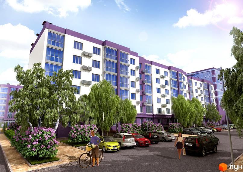 Зовнішній вигляд новобудови ЖК Аметист з фіолетовими елементами та великою кількістю вікон. Прибудинкова територія з деревами, кущами та припаркованими автомобілями.