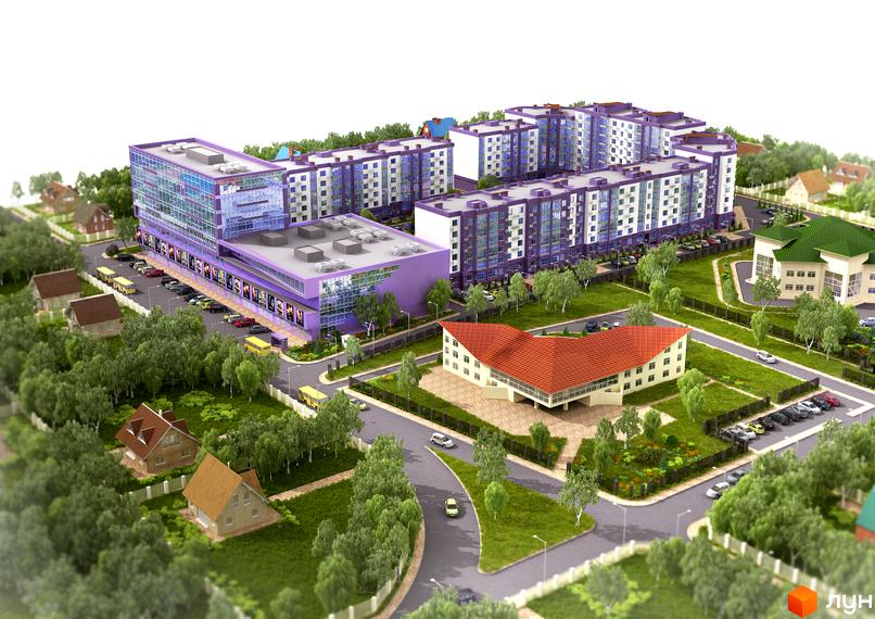 Комплекс Аметист: багатоповерхові будинки з фіолетовими фасадами та скляними елементами, поруч розташовані малоповерхові будинки та зелена прибудинкова територія з деревами та доріжками.