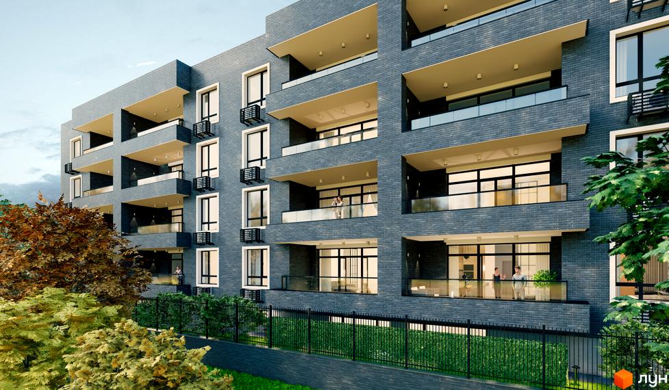 Sovskyi Club House - це житловий комплекс з фасадом з темно-сірої цегли та просторими балконами. Навколо будинку зелена прибудинкова територія з деревами та огорожею.