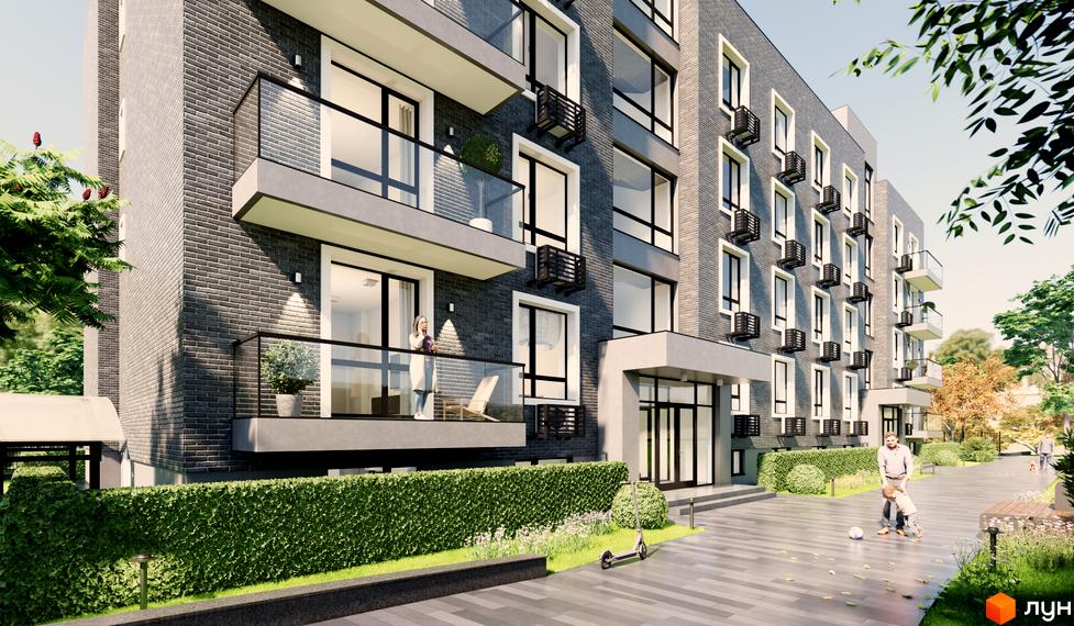 Зовнішній вигляд новобудови Sovskyi Club House з балконами та вікнами, а також прибудинкова територія з доріжками та зеленню.