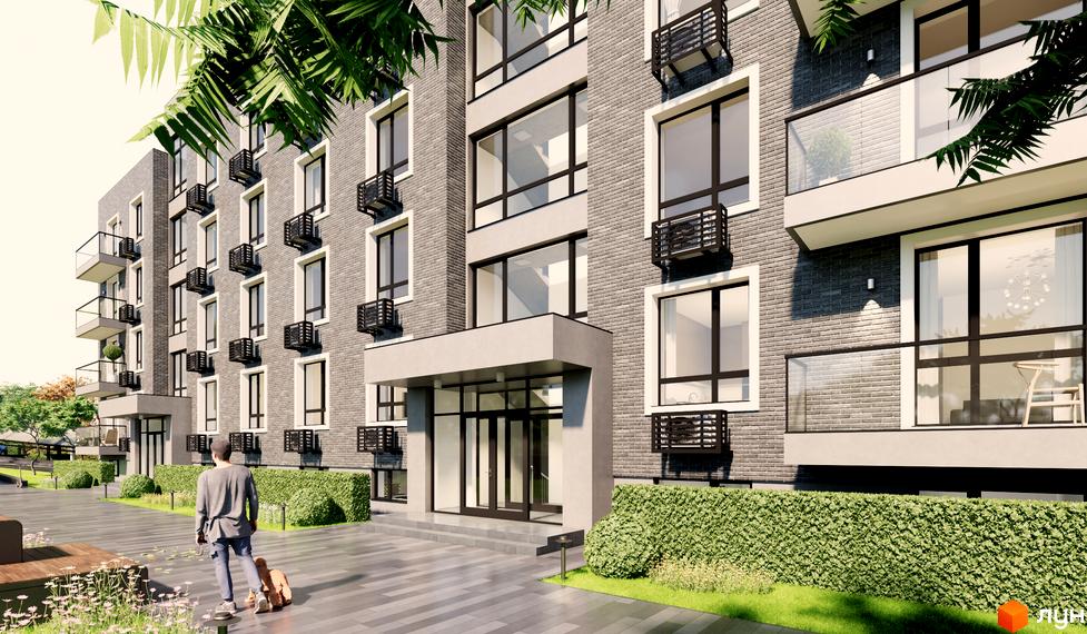 Sovskyi Club House – це новобудова з сірого цегляного фасаду, великими вікнами та балконами. Прибудинкова територія озеленена кущами та має пішохідні доріжки.