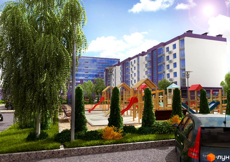 Житловий комплекс Аметист: білі та пурпурові фасади будівель, дитячий майданчик з гірками та будиночками, зелені насадження та лавки.