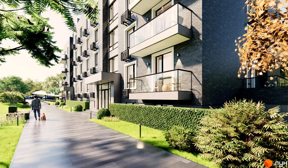 Sovskyi Club House - новобудова з сірого цегляного фасаду, скляними балконами та доглянутою прибудинковою територією з газоном та деревами.