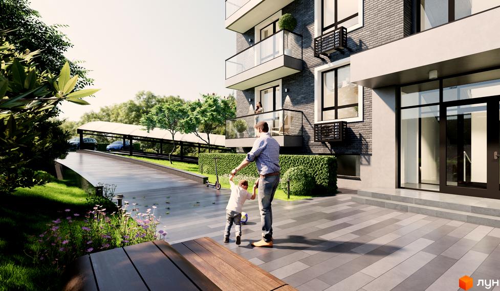 Sovskyi Club House: сірий цегляний фасад з балконами та великими вікнами, прибудинкова територія з доріжками, зеленню та дитячим майданчиком.