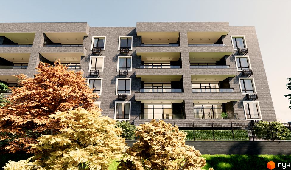 Sovskyi Club House - це житловий комплекс з сірою цегляною фасадною частиною, балконами та великими вікнами. Навколо будинку зелена прибудинкова територія з деревами.
