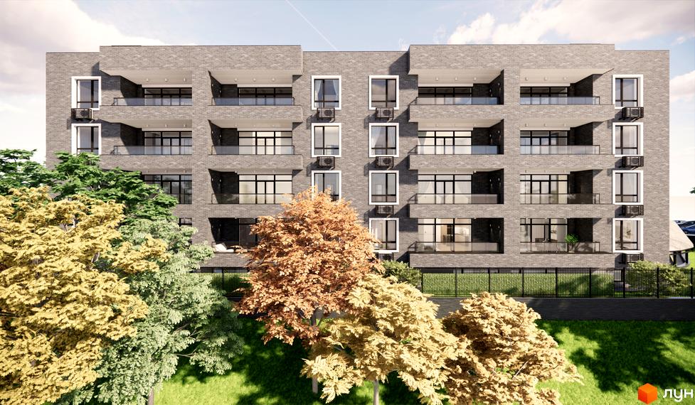 Sovskyi Club House - це новий житловий комплекс з цегляним фасадом та балконами. Навколо будинку зелені дерева та доглянута територія.