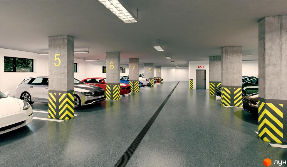Підземний паркінг житлового комплексу Sovskyi Club House з пронумерованими паркомісцями та автомобілями. Опис паркінгу для зручного паркування мешканців.