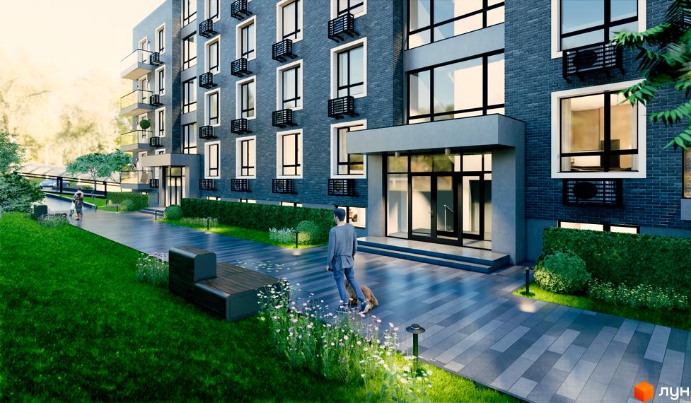 Зовнішній вигляд житлового комплексу Sovskyi Club House з сірого цегляного фасаду та прибудинкової території з ландшафтним дизайном та місцем для відпочинку.