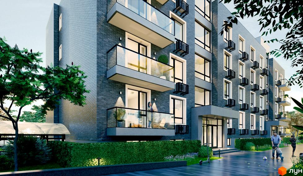 Зовнішній вигляд Sovskyi Club House: сіра цегляна фасадна частина з балконами та великими вікнами. Прибудинкова територія з зеленими насадженнями та зоною відпочинку.