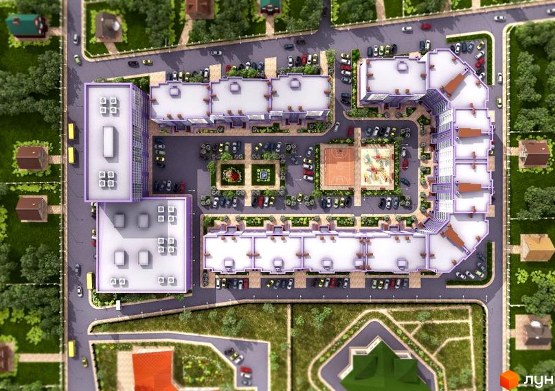 Аметист - сучасний житловий комплекс з багатоповерховими будинками та упорядкованою прибудинковою територією, що включає спортивні майданчики та зони відпочинку.