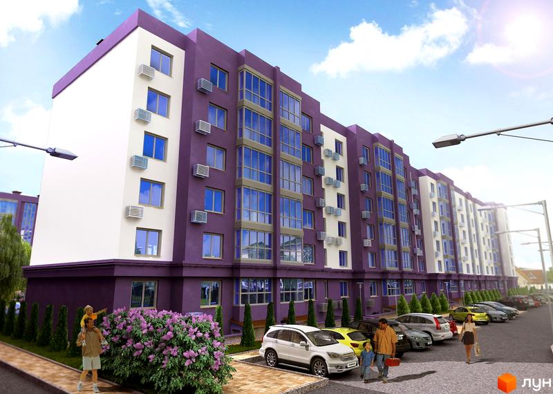 Зовнішній вигляд новобудови ЖК Аметист з фіолетовими та білими фасадами, великими вікнами та кондиціонерами. Прибудинкова територія з парковкою та зеленими насадженнями.