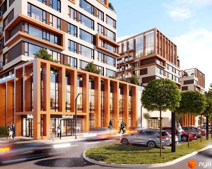 Житловий комплекс For Life: світлі багатоповерхові будинки з великими вікнами та помаранчевими елементами. На першому поверсі магазини, поруч дорога та дерева.